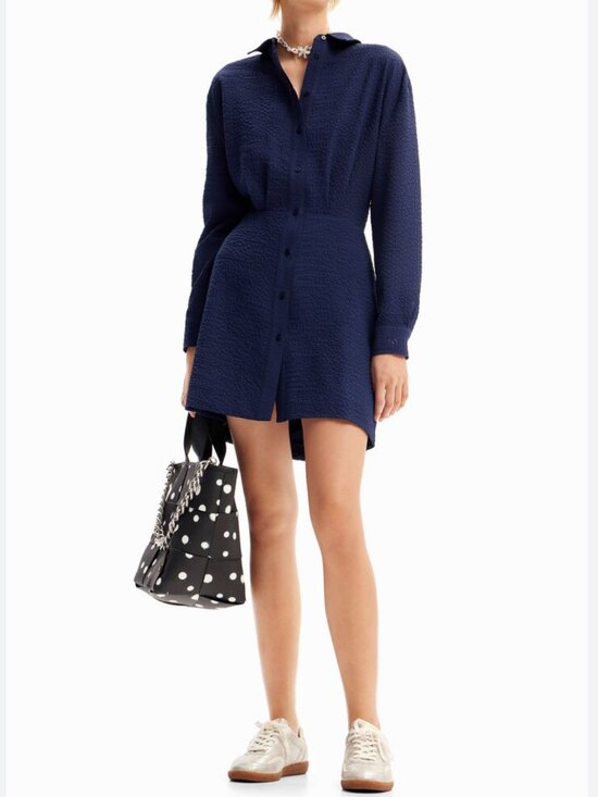 Desigual Dresses & Skirts - Desigual Short Textured Shirt Dress Navy Blue Size Small Summer Collared Buttons